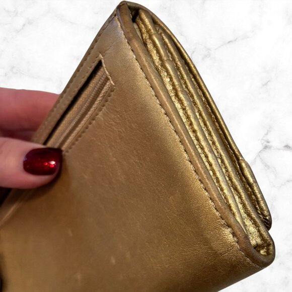 COACH Metallic Gold Leather Wallet | Snap Closure Billfold with Card Slots - Picture 9 of 10